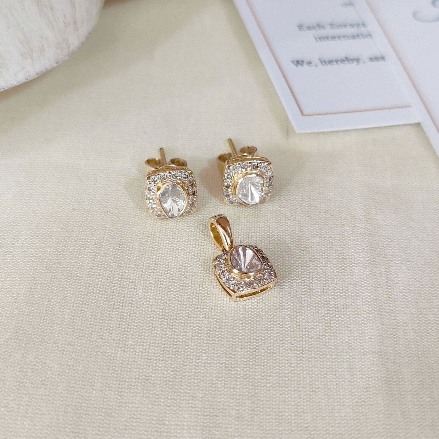 Pave Diamond Pendant with Earring Set | Dainty Polki Diamond Pendant Charms | Pave Diamond Stud Earrings | Solid 14k Yellow Gold Jewelry Set