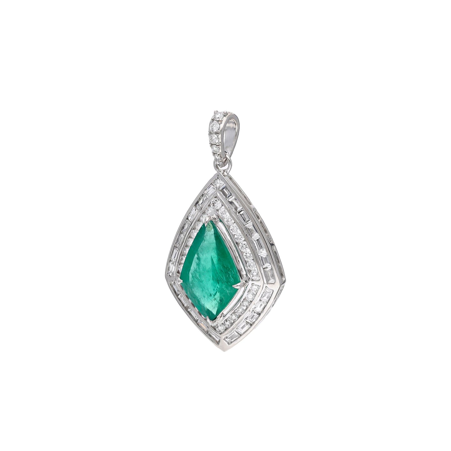Statement Jewelry Emerald Diamond Baguette Pendant 18k White Gold Necklace, 38x20 MM Emerald Pendant Gold, Green Gemstone Jewelry For Gift