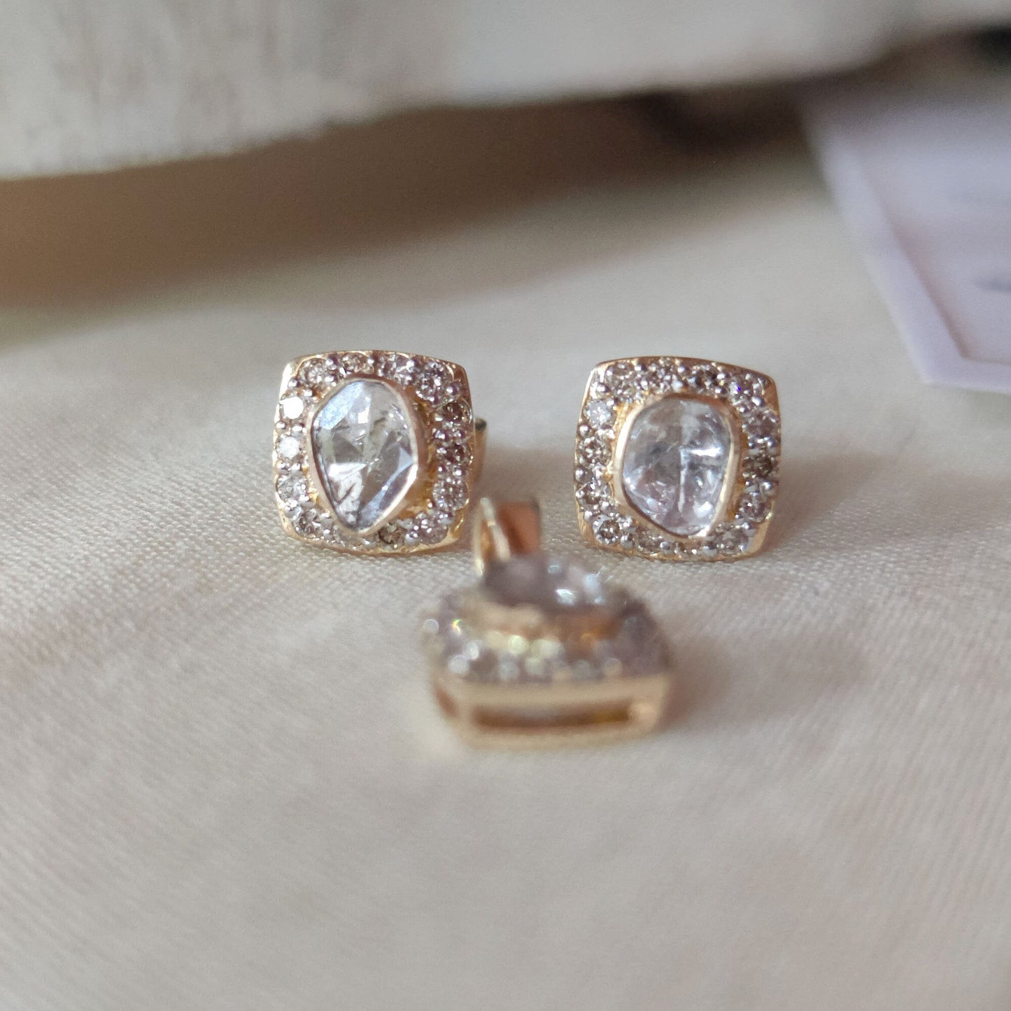 Pave Diamond Pendant with Earring Set | Dainty Polki Diamond Pendant Charms | Pave Diamond Stud Earrings | Solid 14k Yellow Gold Jewelry Set