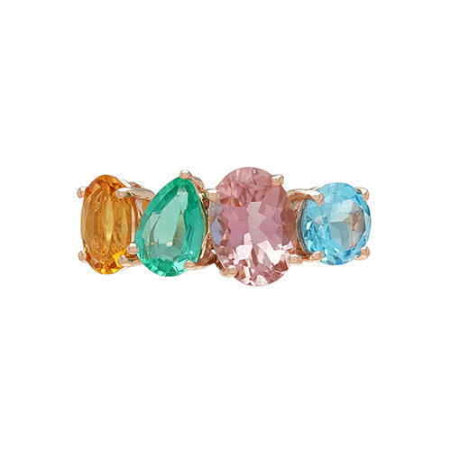 Mix Cut Colour Stones Ring 14K Rose Solid Gold, Handmade SIze US 6.5 IGI Certified Jewelery