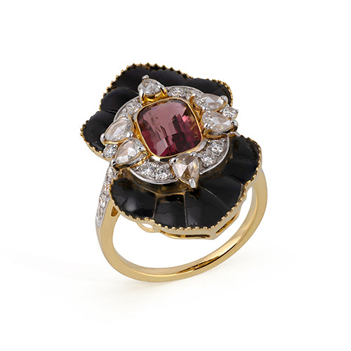 Cushion Cut Tourmaline Diamond Ring 18K Yellow Solid Gold Size US 7 Handmade IGI Certified Jewelery