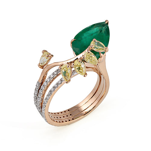 Pear Cut Emerald Diamond Ring 18K Rose Solid Gold Size IND 13 Handmade IGI Certified Jewellery