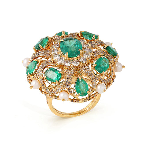 Oval & Pear Cut Emerald Diamond Ring 18K Yellow Solid Gold Size US 7 Handmade IGI Certified Jewellery