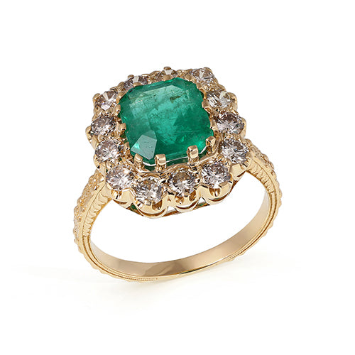 Octa Cut Emerald Diamond Ring 18K Yellow Solid Gold Size US 7 Handmade IGI Certified Jewellery