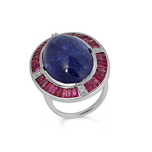 Oval Cut tanzanite, ruby baggetts & Diamond Ring: 18K White Solid Gold, Handmade Size US7 IGI Certified Jewelery