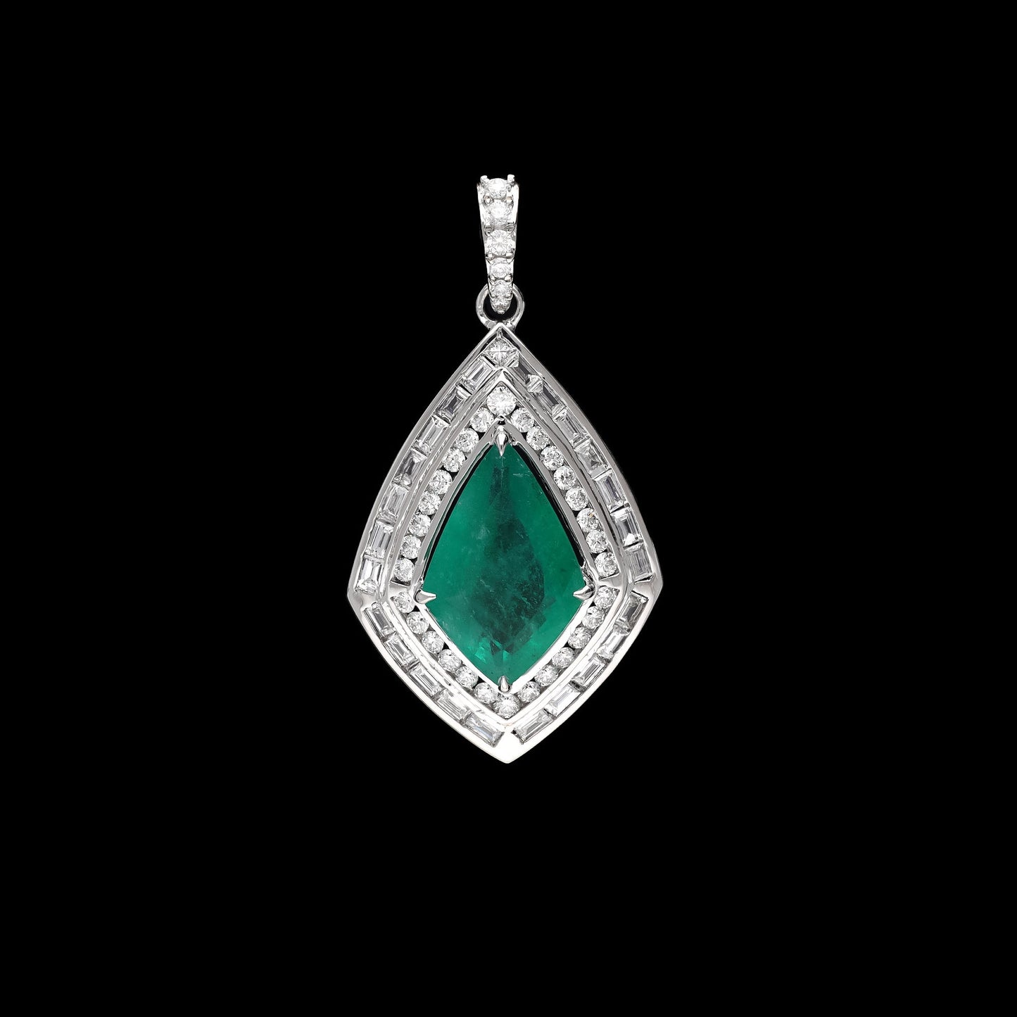 Statement Jewelry Emerald Diamond Baguette Pendant 18k White Gold Necklace, 38x20 MM Emerald Pendant Gold, Green Gemstone Jewelry For Gift