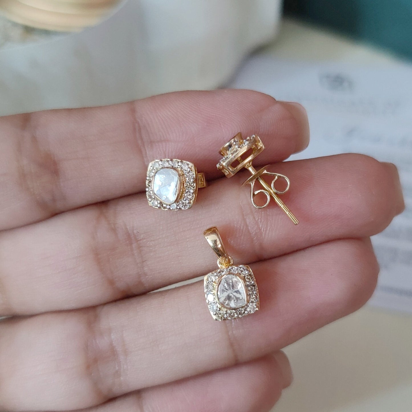 Pave Diamond Pendant with Earring Set | Dainty Polki Diamond Pendant Charms | Pave Diamond Stud Earrings | Solid 14k Yellow Gold Jewelry Set