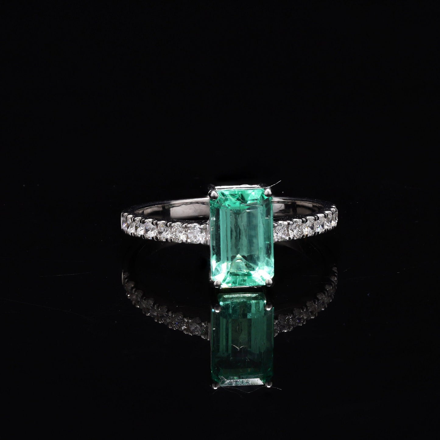 1.60 CTW. Natural Emerald Diamond Ring in 18K White Gold Jewelry, Natural Diamond Gold Rings For Women, Colombian Emerald Engagement Ring