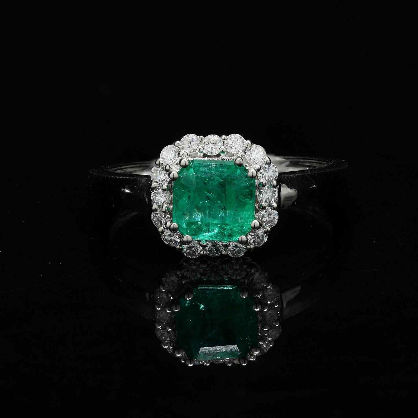 0.89 CTS. Emerald Halo Ring | 18K White Gold Natural Diamond Rings For Women | Emerald Engagement Anniversary Minimalist Ring