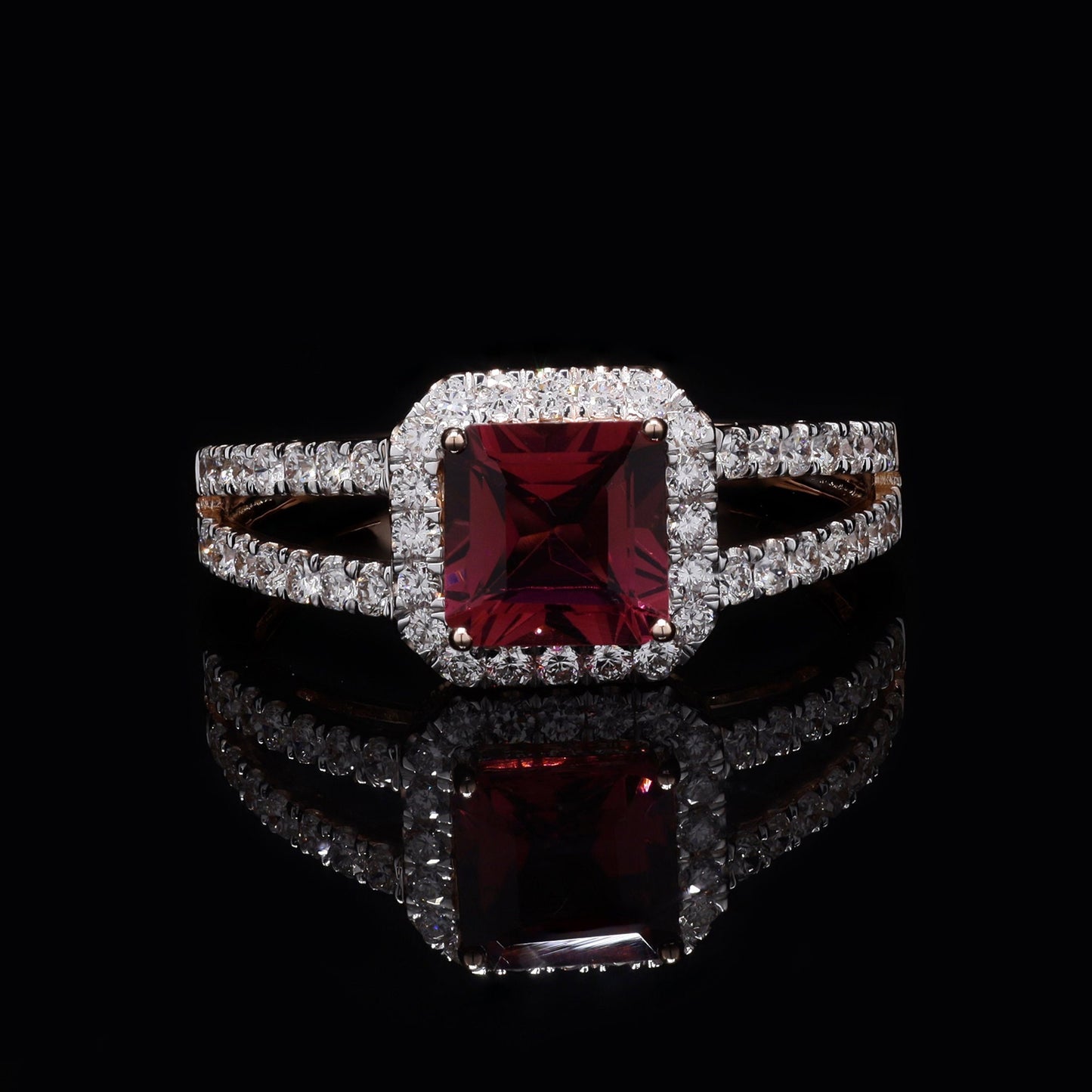Pink Tourmaline Gemstone Gold Ring in Solid 14K Rose Gold Statement Ring | Princess Cut Tourmaline Diamond Halo Ring Jewelry For Anniversary