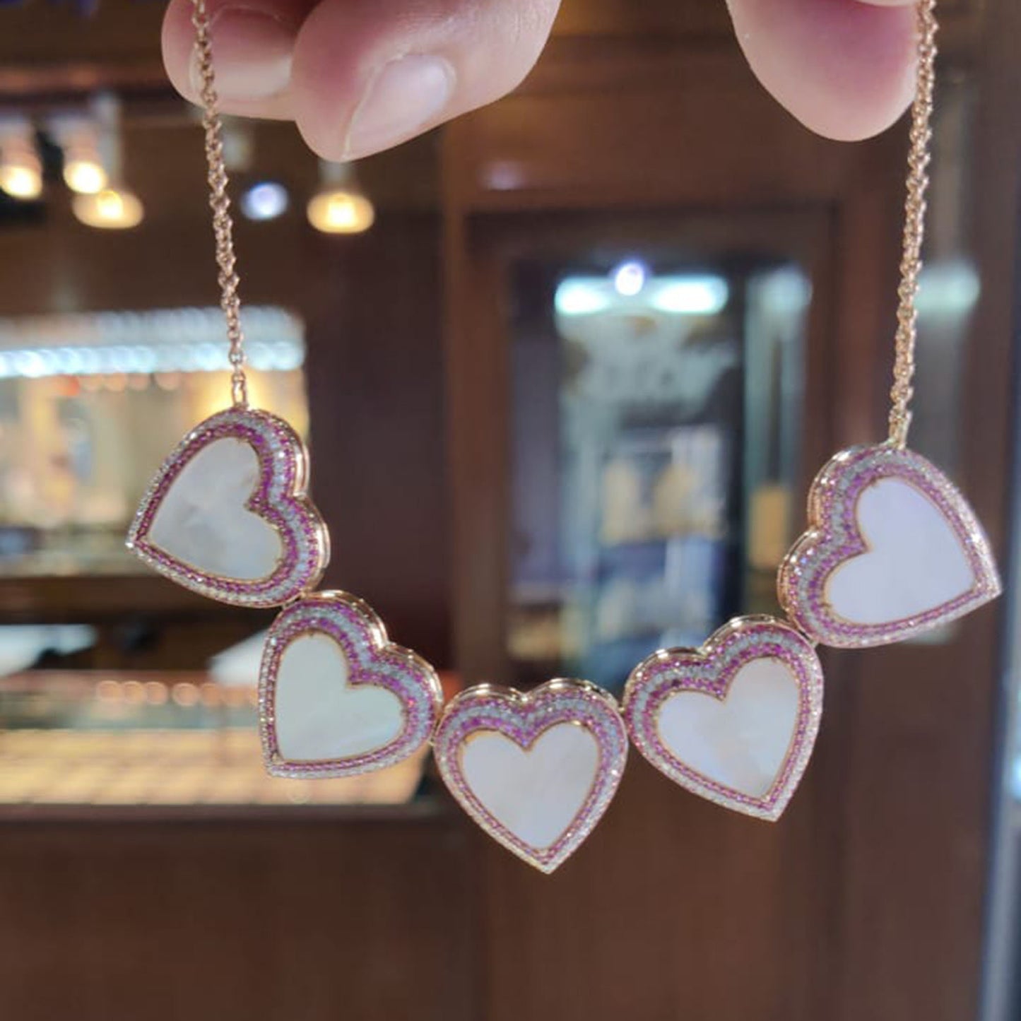 Designer Mother Of Pearl Necklace with Pink Sapphire | 14K Rose Gold Heart Shape Pendant Necklace | gold necklaces for women