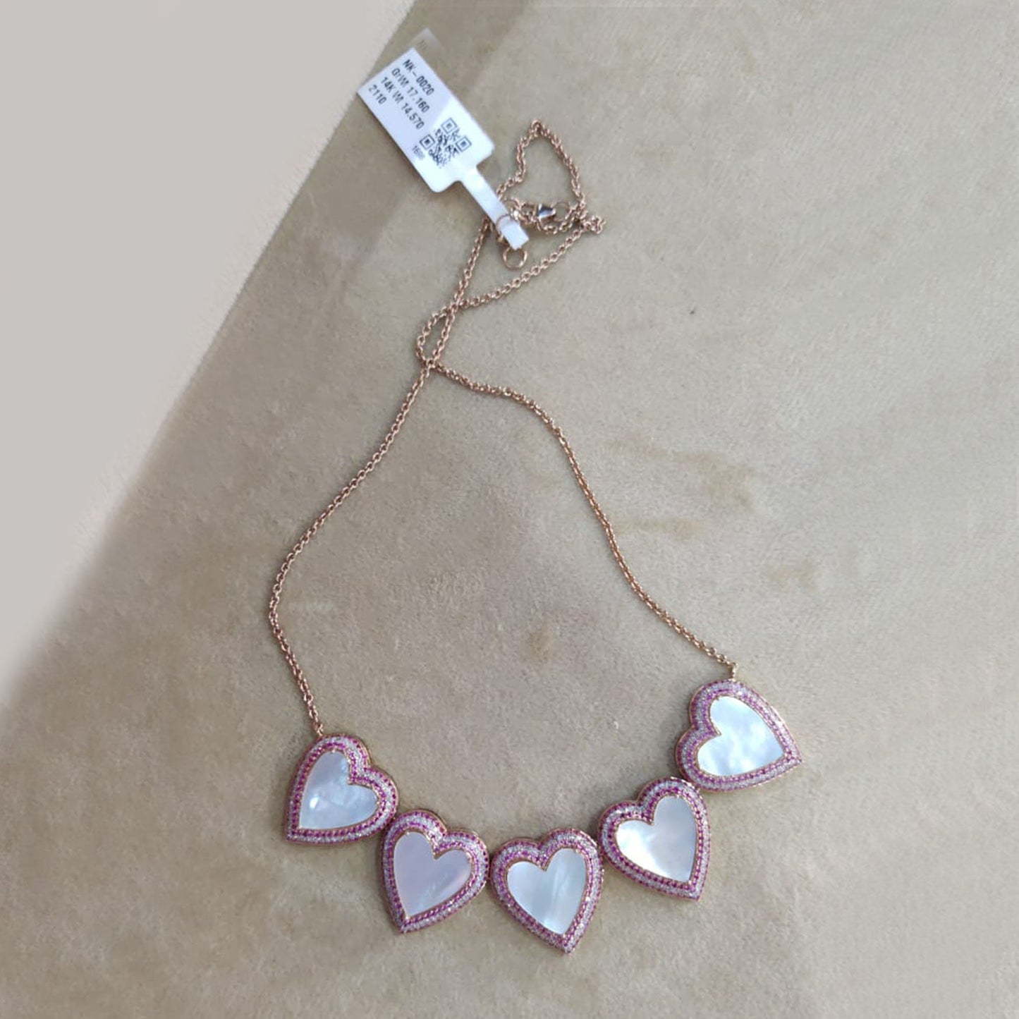 Designer Mother Of Pearl Necklace with Pink Sapphire | 14K Rose Gold Heart Shape Pendant Necklace | gold necklaces for women