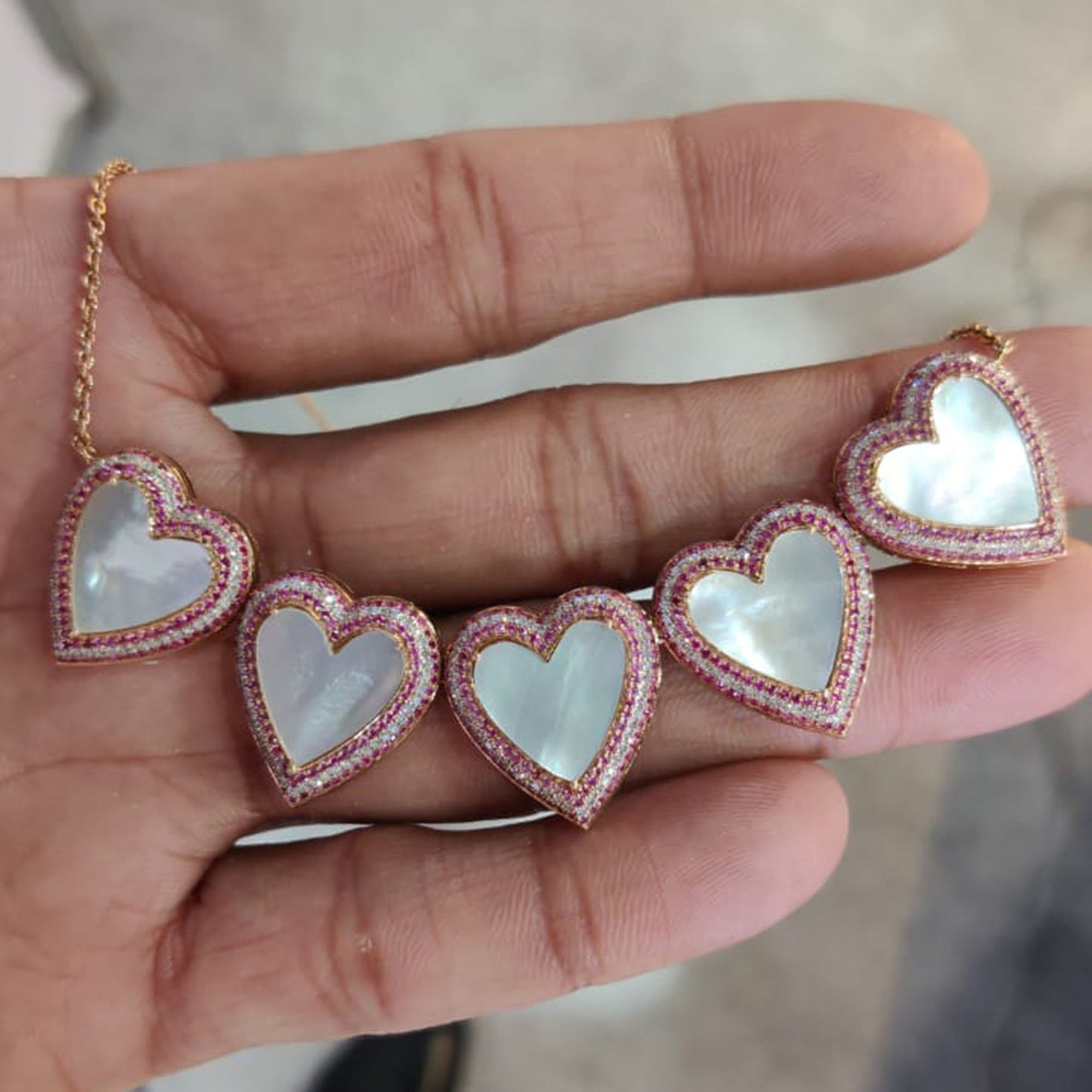 Designer Mother Of Pearl Necklace with Pink Sapphire | 14K Rose Gold Heart Shape Pendant Necklace | gold necklaces for women