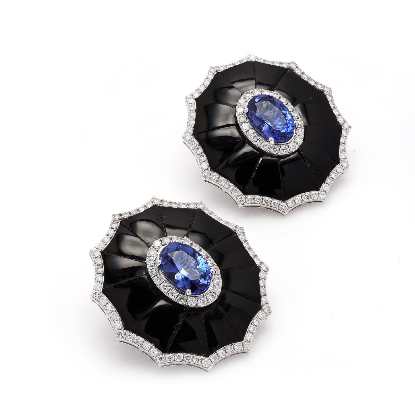 Oval Cut Tanzanite with Black Onyx Gemstone Earring | Natural Diamond Statement Earrings | 18K White Gold Art Deco Earring Gift For Her