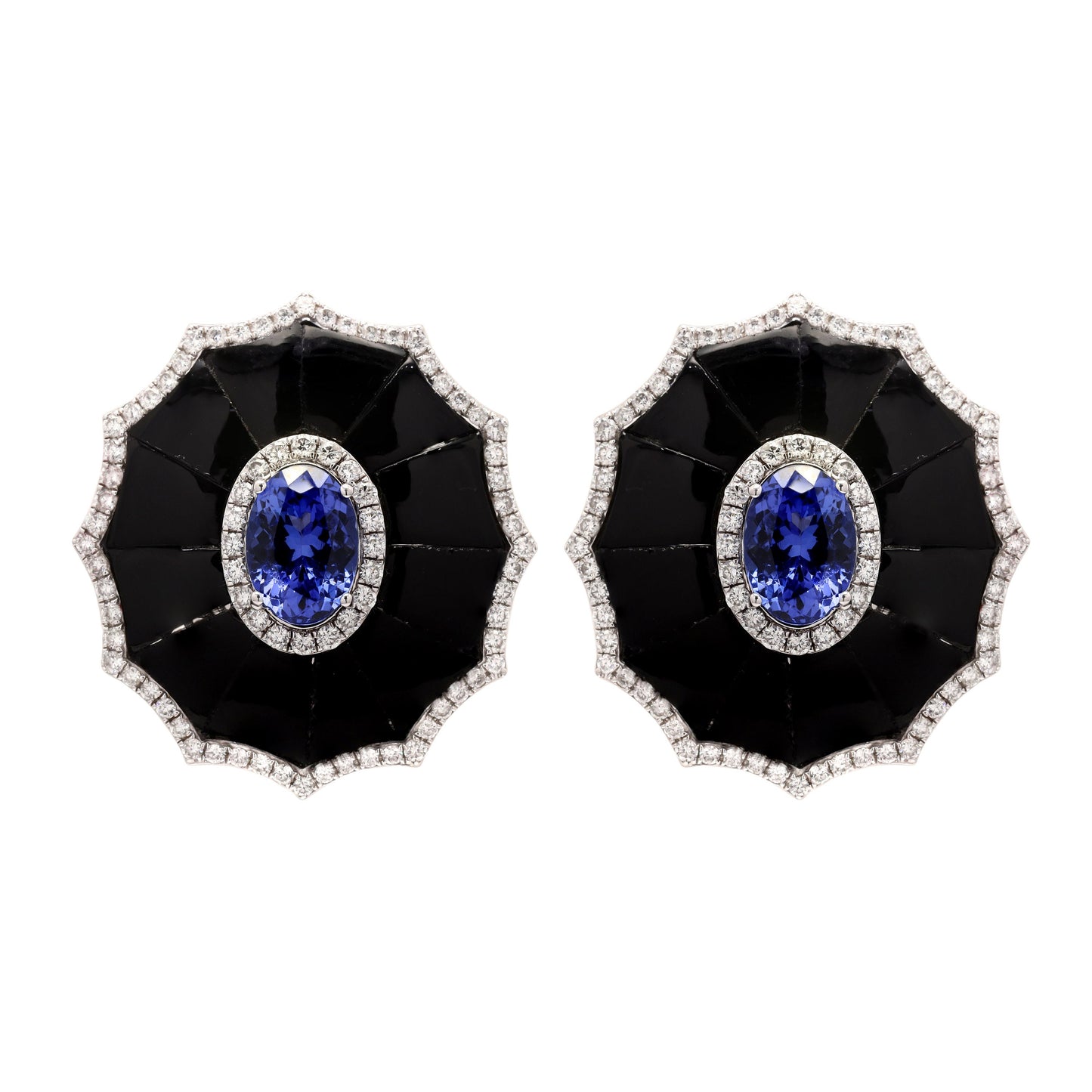 Oval Cut Tanzanite with Black Onyx Gemstone Earring | Natural Diamond Statement Earrings | 18K White Gold Art Deco Earring Gift For Her