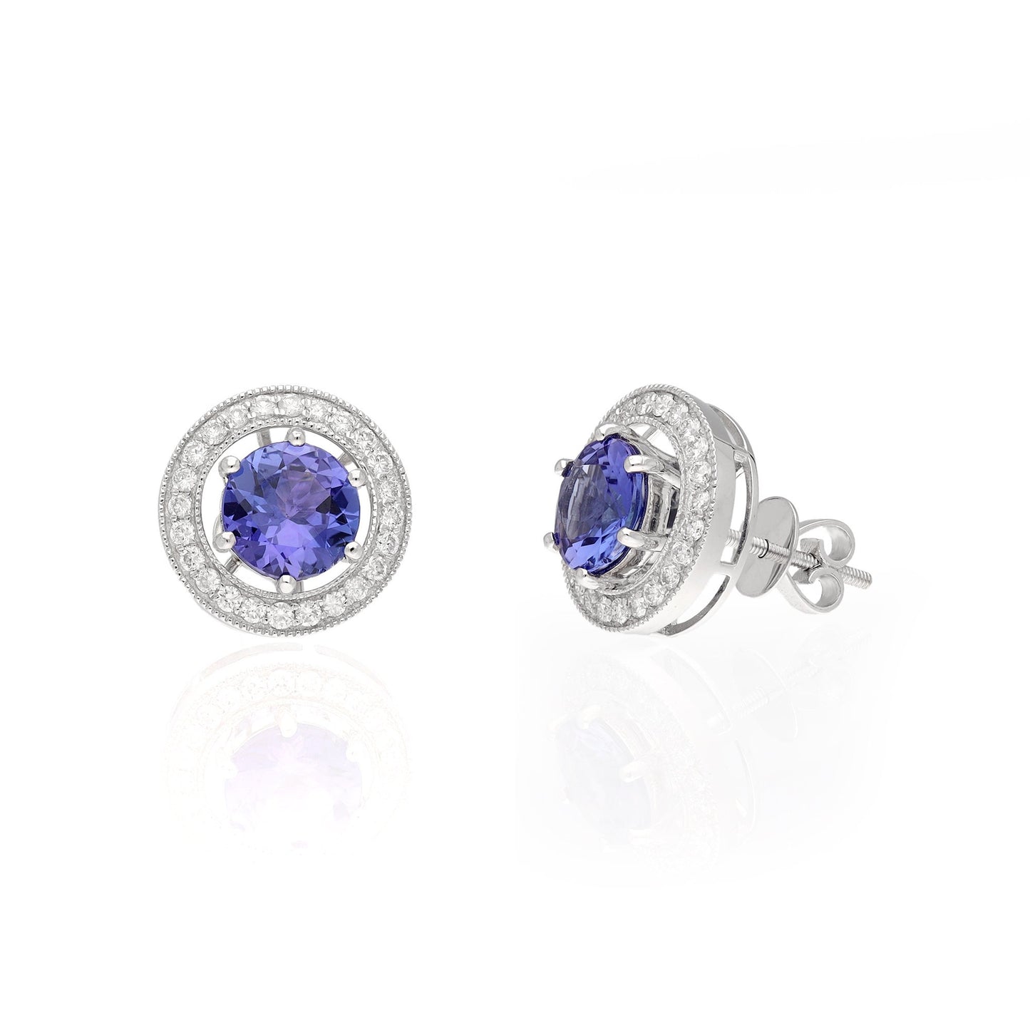 Real tanzanite stud earring with pave diamond round jacket border in 18k gold | Multi-Use stud earring in white gold | Detachable Earring