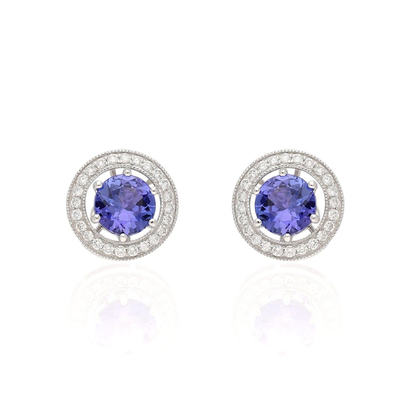 Real tanzanite stud earring with pave diamond round jacket border in 18k gold | Multi-Use stud earring in white gold | Detachable Earring