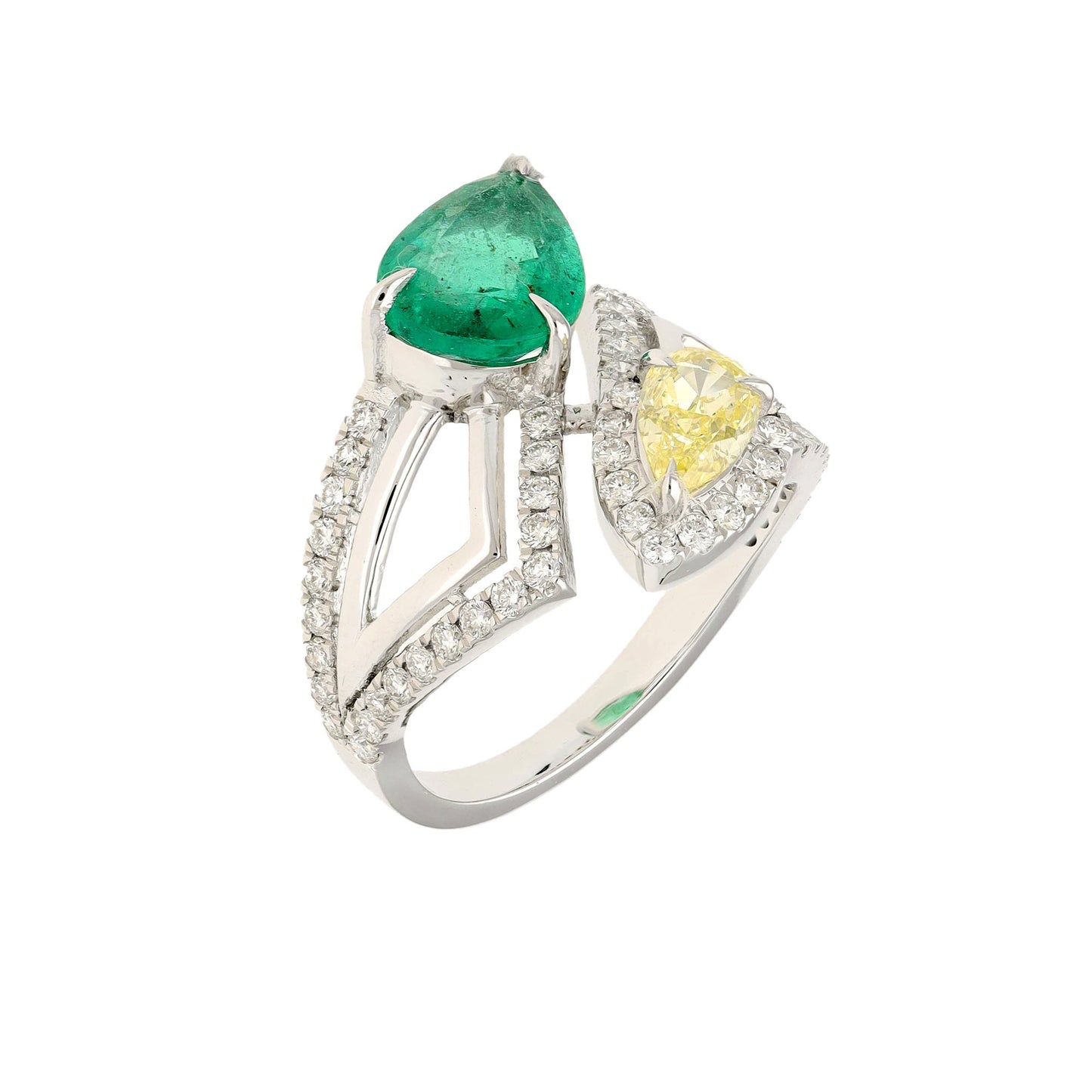 1.96 Cts. Natural Emerald Diamond Ring Gold | Yellow Diamond Pointer Cut Bypass Rings For Women | 18k White Gold Natural Diamond Jewelry