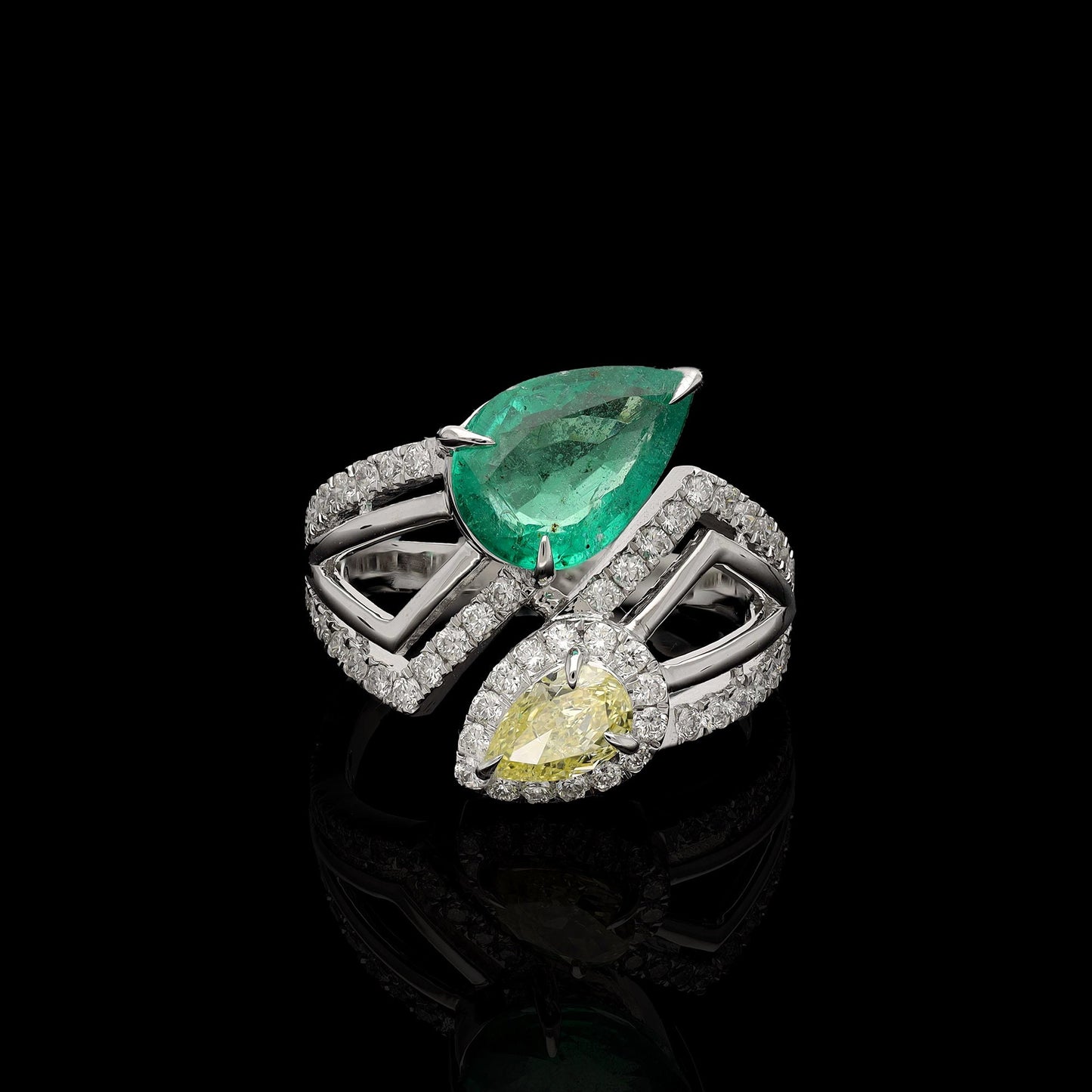 1.96 Cts. Natural Emerald Diamond Ring Gold | Yellow Diamond Pointer Cut Bypass Rings For Women | 18k White Gold Natural Diamond Jewelry