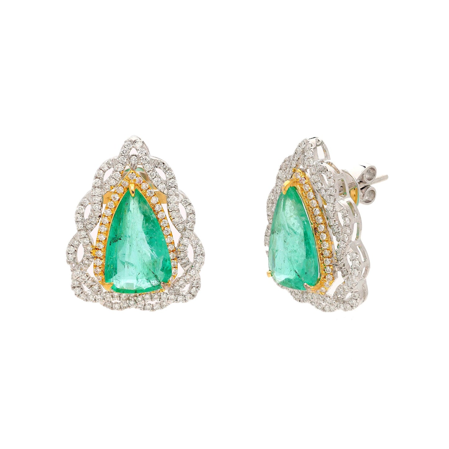 6.70 Cts. Zambian Emerald Diamond Halo Earrings | Solid 18k White Gold Natural Diamond Earrings For Women | Gold Emerald Push Back Earring