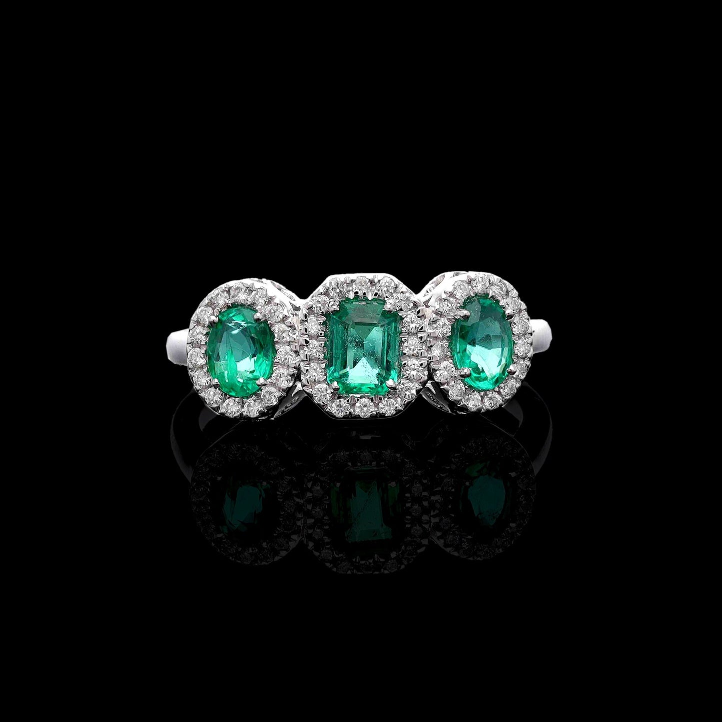 0.82 Cts. Emerald Three Stone Ring Gold | 18k White Gold Natural Diamond Wedding Ring | Gold May Birthstone Emerald Stacking Ring Jewelry