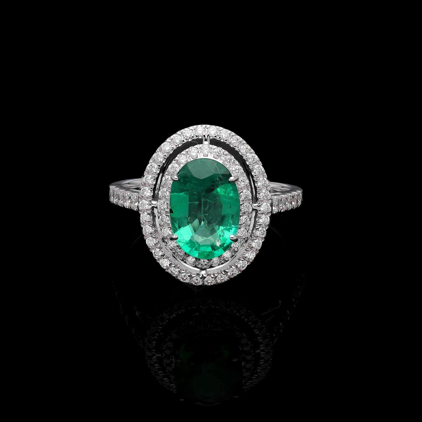 1.80 Cts. Natural Emerald Gemstone Ring | 18k White Gold Pave Diamond Halo Rings For Women | Solid Gold Diamond Emerald Engagement Ring Gift
