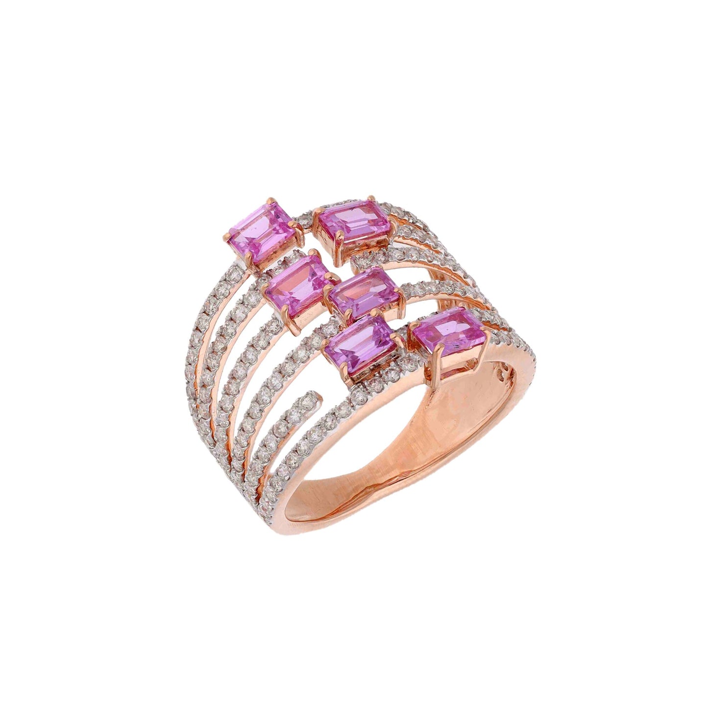 1.63Cts Pink Sapphire Baguette Wedding Ring | 18k Rose Gold Diamond Band | Natural Sapphire Split Shank Jewelry | Women's Wide Band