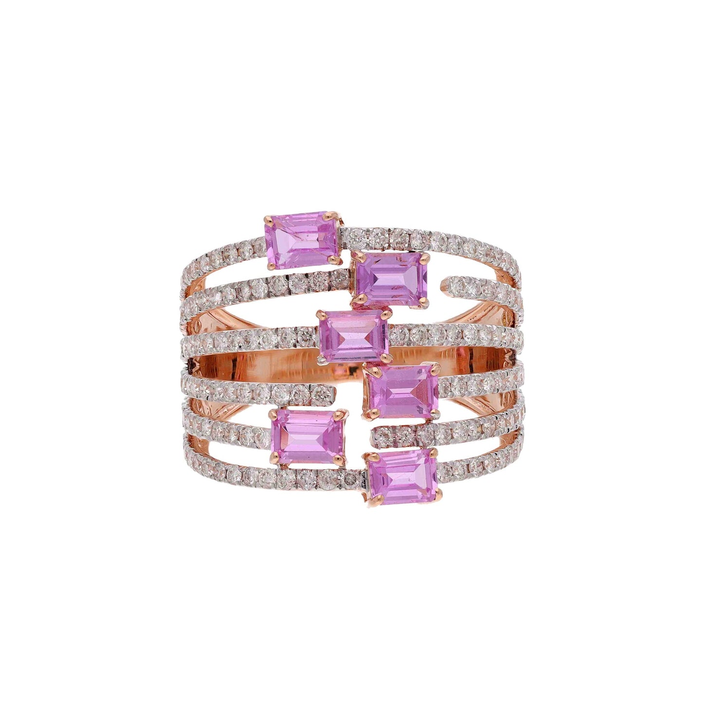 1.63Cts Pink Sapphire Baguette Wedding Ring | 18k Rose Gold Diamond Band | Natural Sapphire Split Shank Jewelry | Women's Wide Band