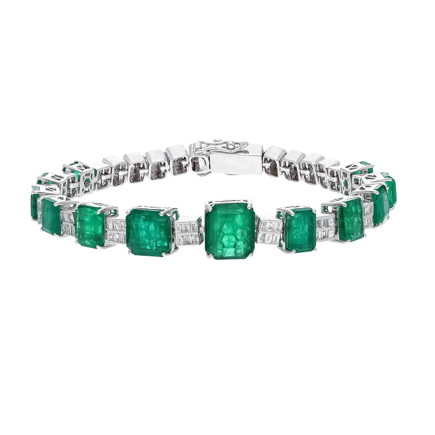 Stunning 15.16cts Natural Emerald Bracelet with 1.3cts Fine Diamonds in 18k White Gold - 7 inch Length - Gift for Her - Gemstone Jewelry