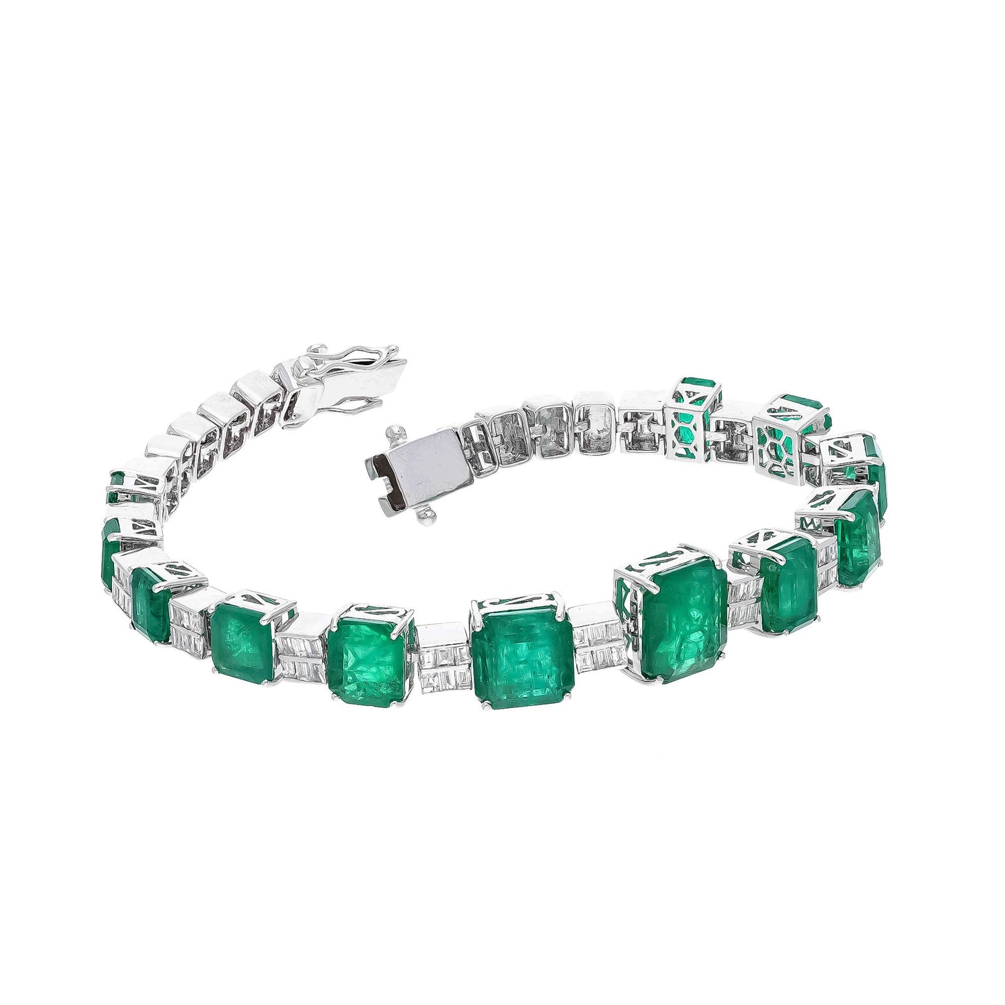 Stunning 15.16cts Natural Emerald Bracelet with 1.3cts Fine Diamonds in 18k White Gold - 7 inch Length - Gift for Her - Gemstone Jewelry