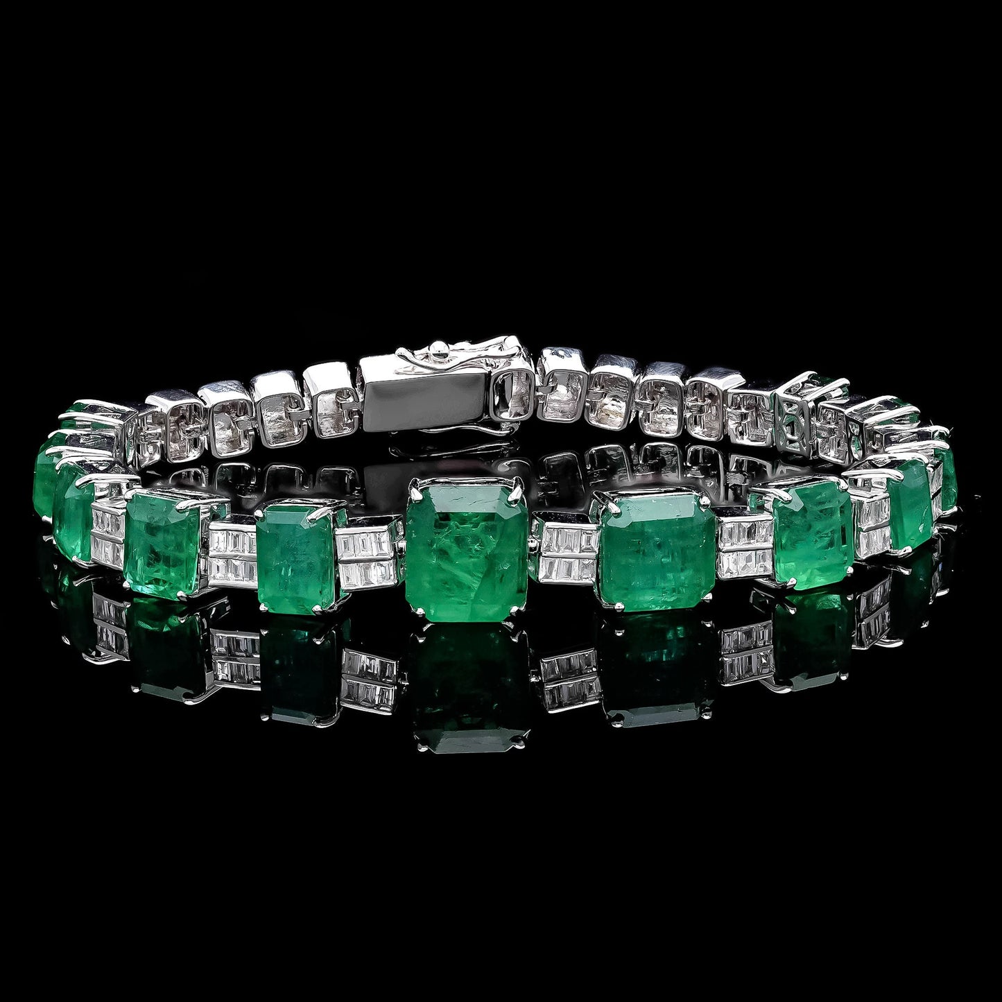 Stunning 15.16cts Natural Emerald Bracelet with 1.3cts Fine Diamonds in 18k White Gold - 7 inch Length - Gift for Her - Gemstone Jewelry