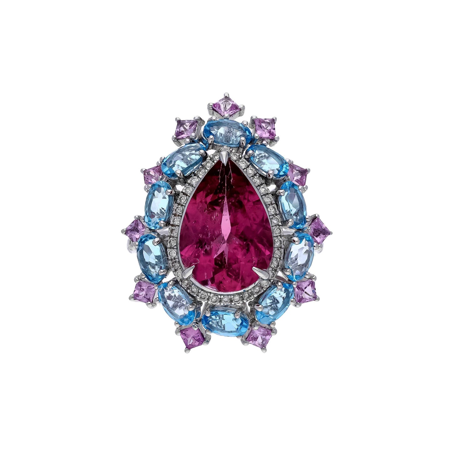Rare 4.40 Cts Pear Cut Natural Pink Tourmaline with Blue Topaz & Pink Sapphire/ Designer Wedding Ring/ 18k White Gold Jewelry/ Gifts For Her