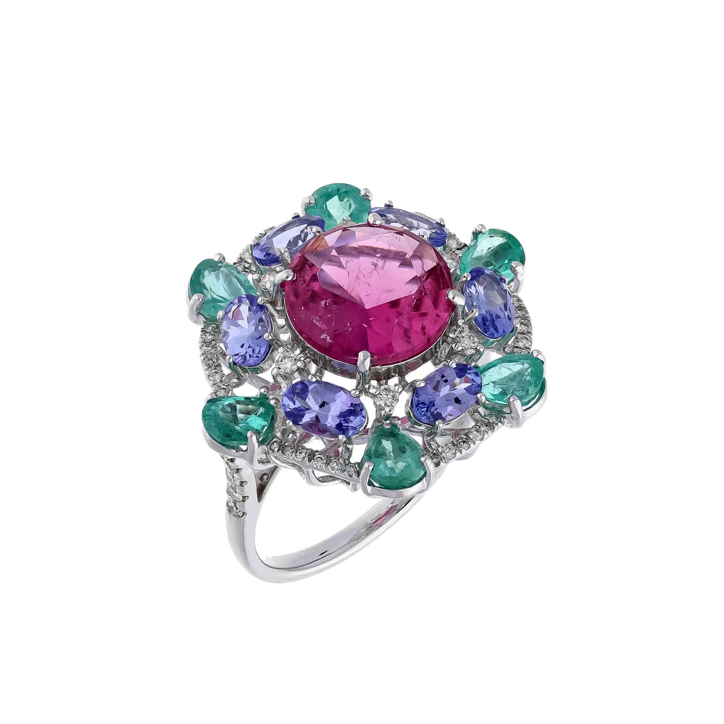 Rare Pink Tourmaline Emerald Tanzanite Diamond Ring, 18k Solid White Gold, Art Deco Gemstone Ring, Designer Wedding Jewelry, Gifts For Her
