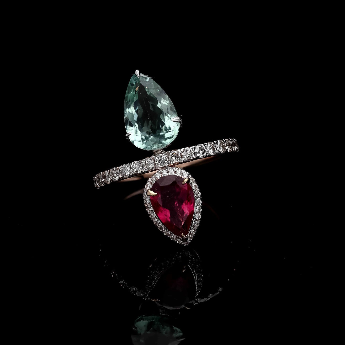 Rare Green Pink Pear Cut Natural Tourmaline Designer Ring / Natural Diamond 18k Solid Gold / Jewelry Gift for Her / Bridal Jewelry Women