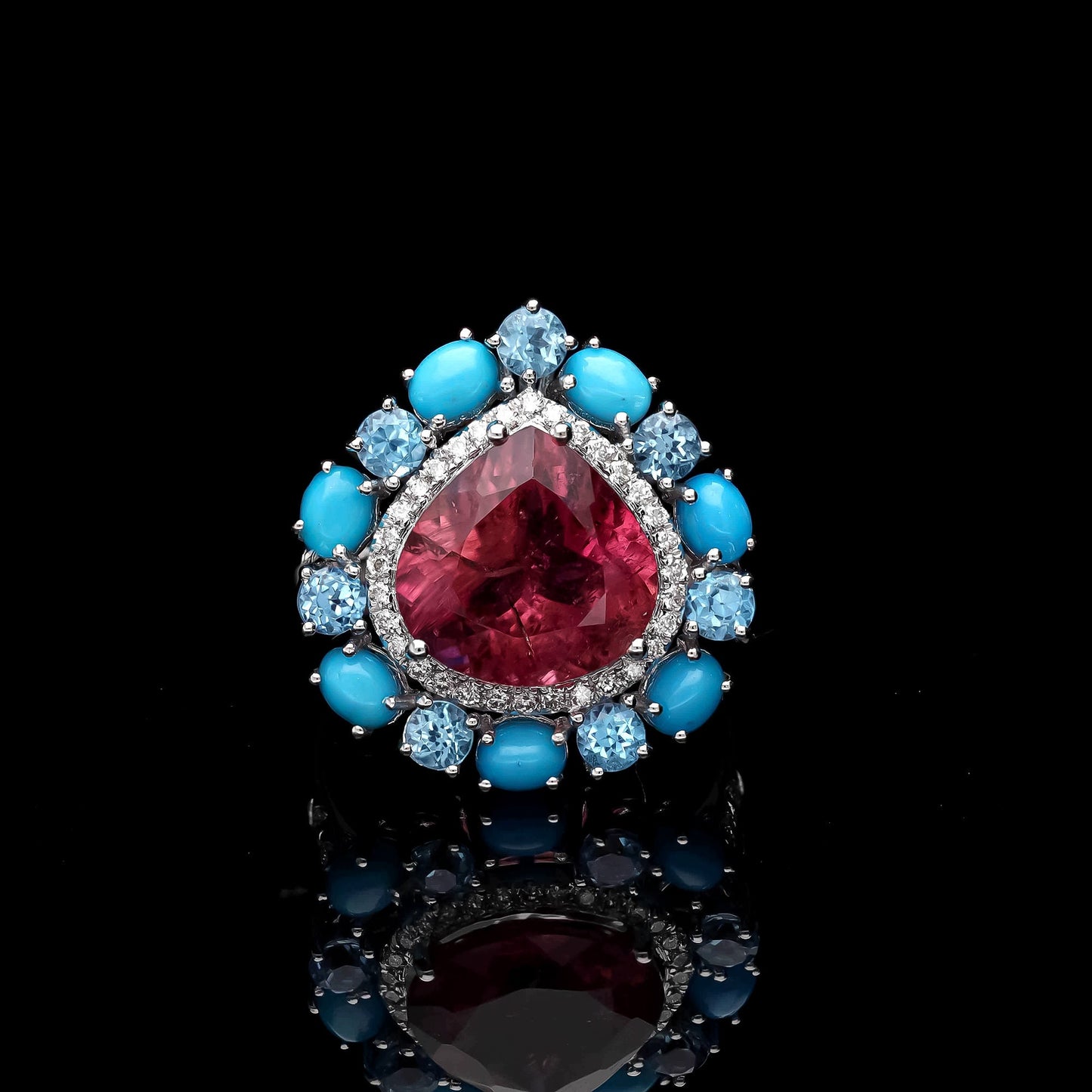 Real 4.55 Cts Tourmaline Diamond Turquoise Blue Topaz Ring / 18k Solid white Gold / Designer Tourmaline Ring 7US / Bridal Jewelry For Women