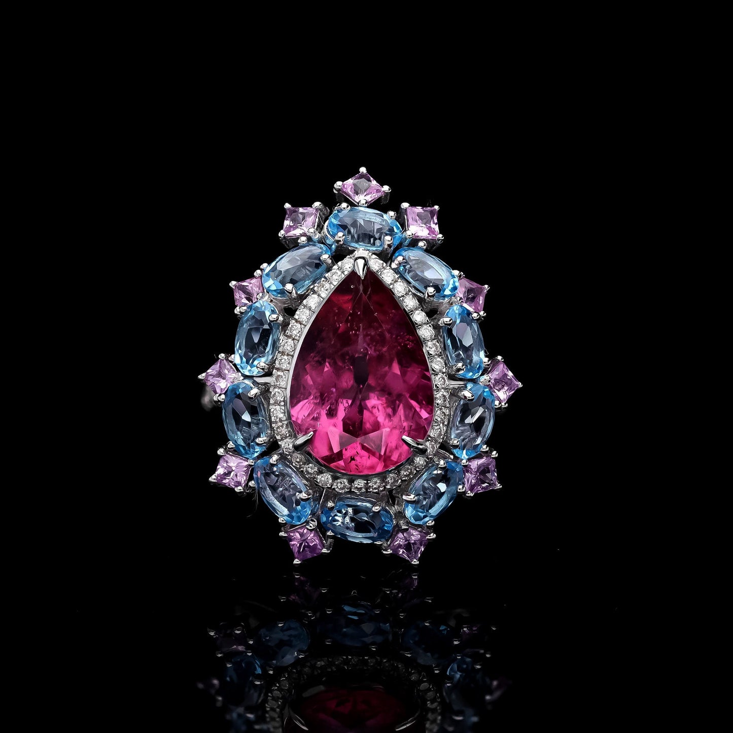Rare 4.40 Cts Pear Cut Natural Pink Tourmaline with Blue Topaz & Pink Sapphire/ Designer Wedding Ring/ 18k White Gold Jewelry/ Gifts For Her