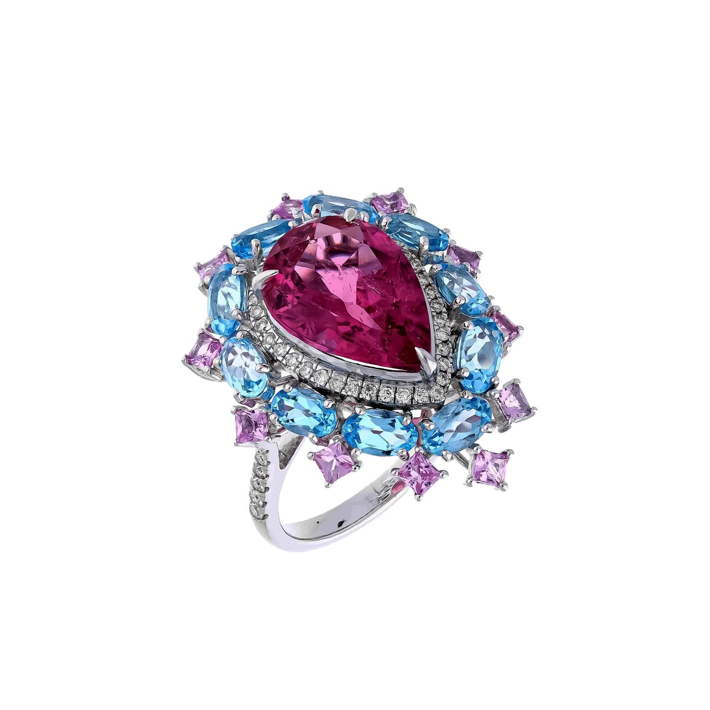 Rare 4.40 Cts Pear Cut Natural Pink Tourmaline with Blue Topaz & Pink Sapphire/ Designer Wedding Ring/ 18k White Gold Jewelry/ Gifts For Her
