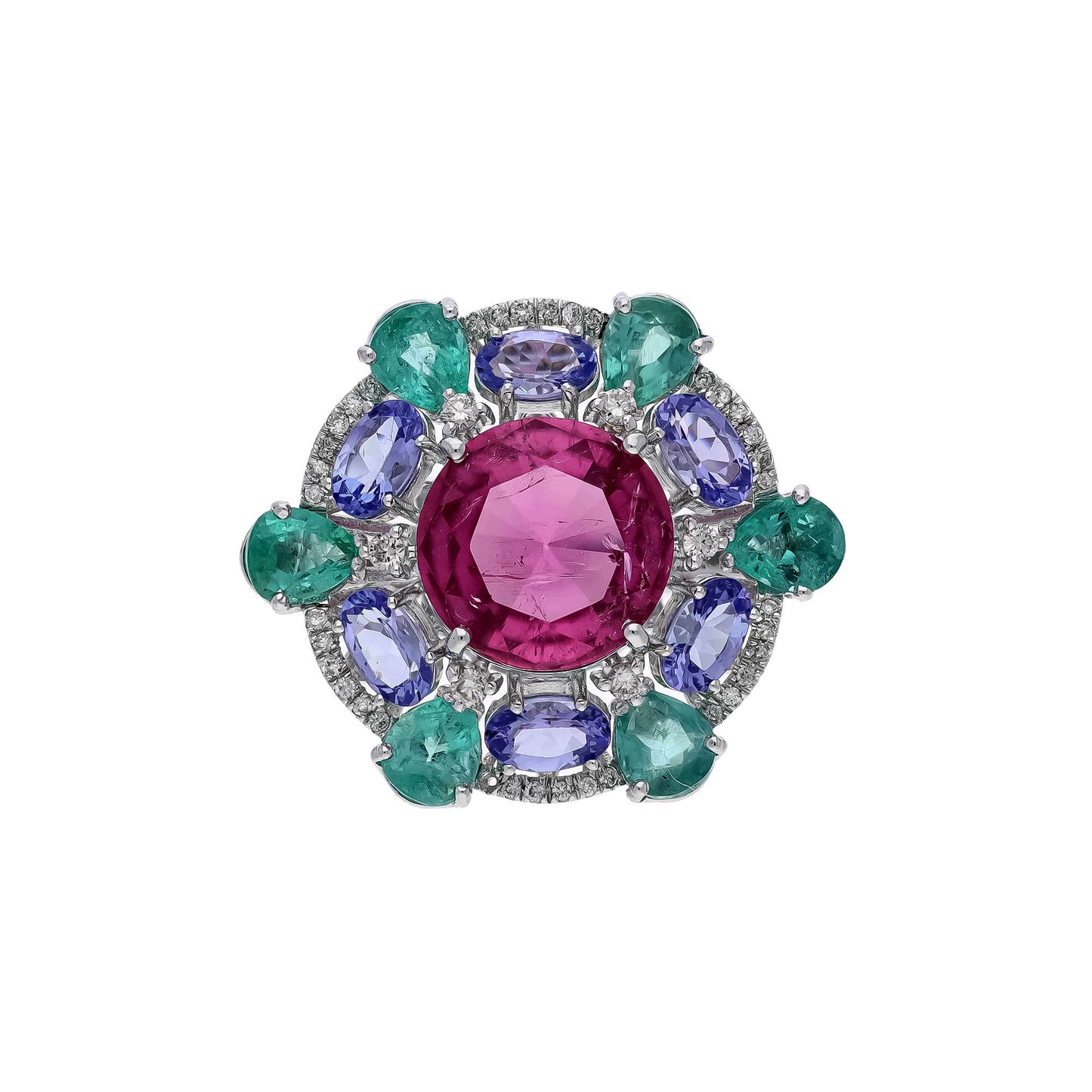 Rare Pink Tourmaline Emerald Tanzanite Diamond Ring, 18k Solid White Gold, Art Deco Gemstone Ring, Designer Wedding Jewelry, Gifts For Her