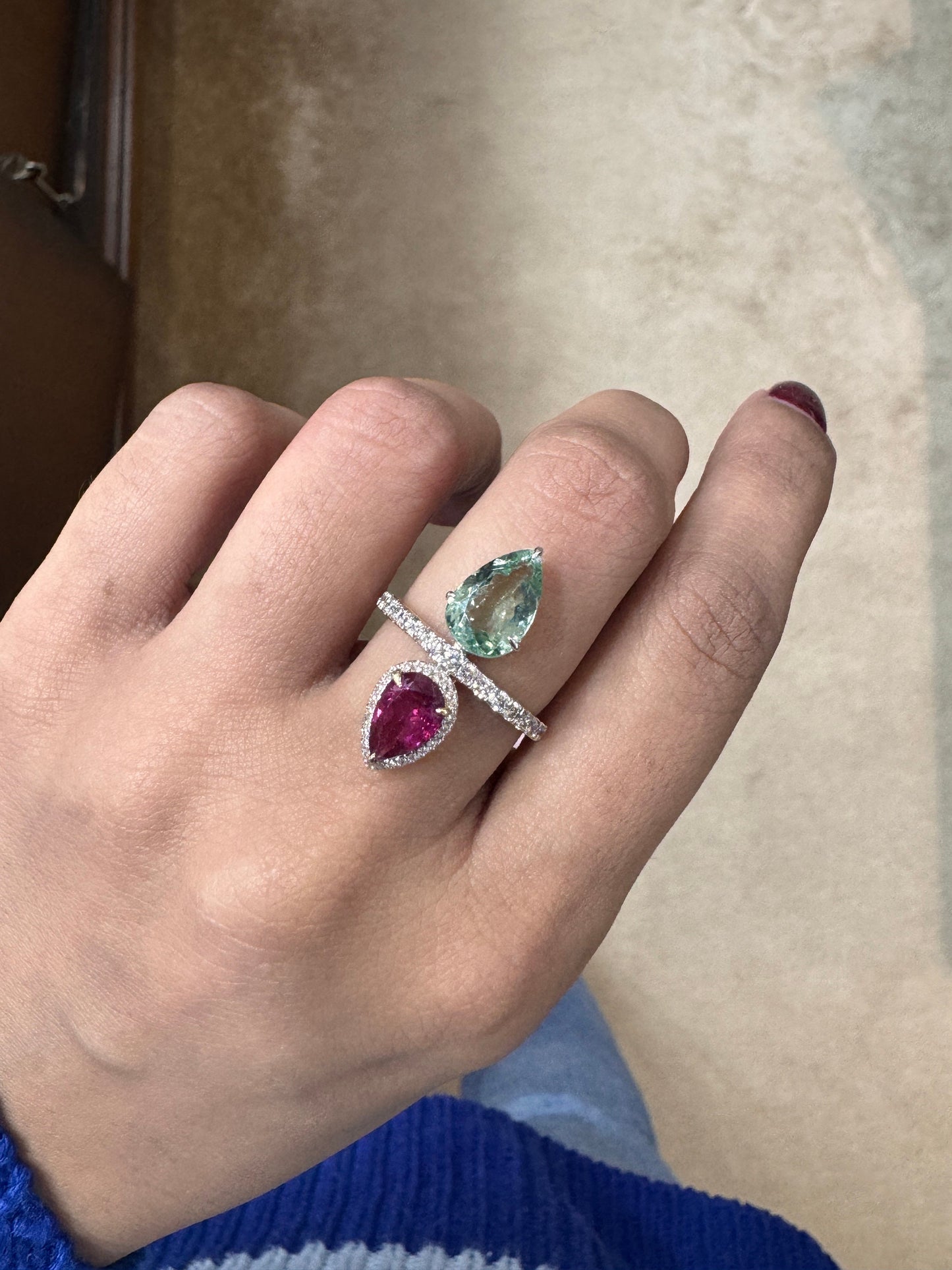 Rare Green Pink Pear Cut Natural Tourmaline Designer Ring / Natural Diamond 18k Solid Gold / Jewelry Gift for Her / Bridal Jewelry Women