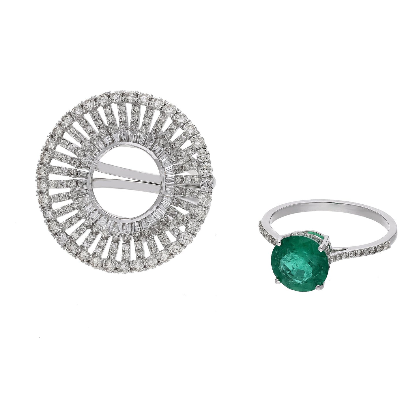 Designer emerald diamond 2 in 1 statement ring 18k white gold real diamond gemstone jewelry for woman / Detachable big diamond ring for her