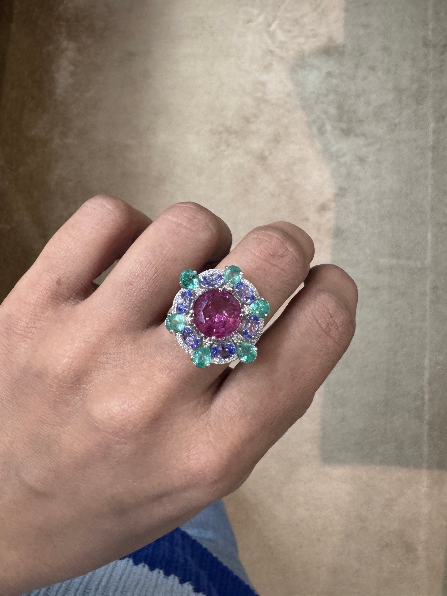Rare Pink Tourmaline Emerald Tanzanite Diamond Ring, 18k Solid White Gold, Art Deco Gemstone Ring, Designer Wedding Jewelry, Gifts For Her
