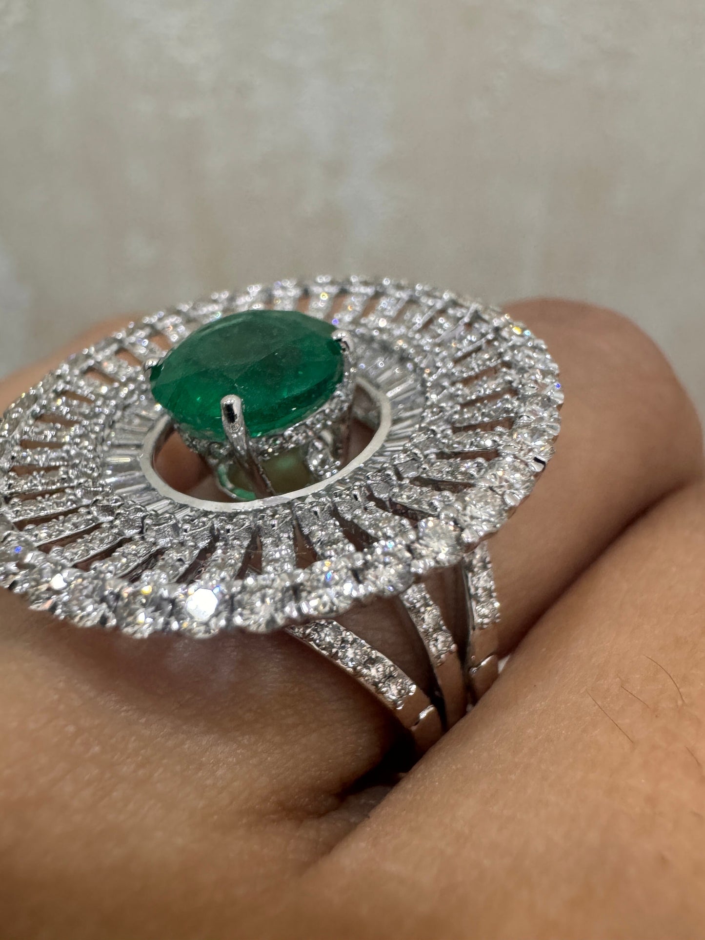 Designer emerald diamond 2 in 1 statement ring 18k white gold real diamond gemstone jewelry for woman / Detachable big diamond ring for her