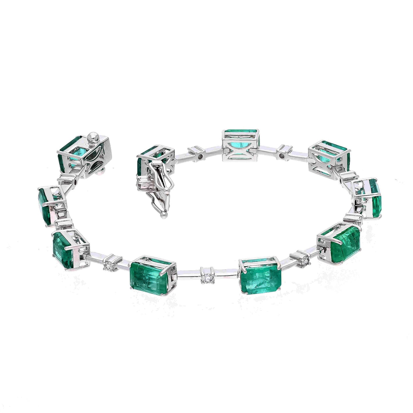 Unique Emerald Diamond Link Chain Bracelet 18k White Gold Jewelry | 6.75 Inch Emerald Cut Emerald Natural Gemstone Statement Bracelets Gold