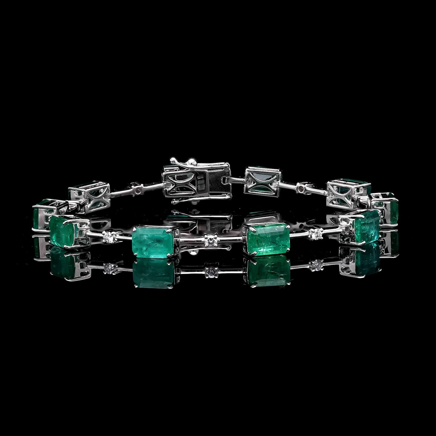 Unique Emerald Diamond Link Chain Bracelet 18k White Gold Jewelry | 6.75 Inch Emerald Cut Emerald Natural Gemstone Statement Bracelets Gold