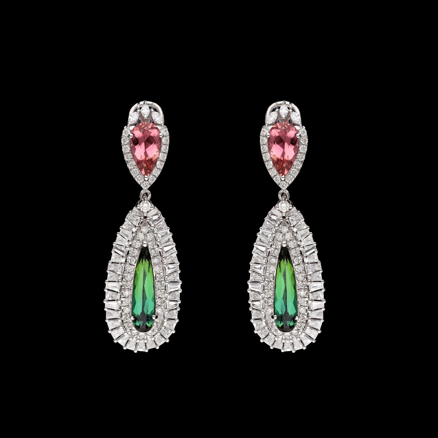 Tourmaline Diamond Statement Earrings 18k Gold Jewelry / Pink Green Gemstone Earrings Bride / Wedding Anniversary Gift Solid Gold Jewelry