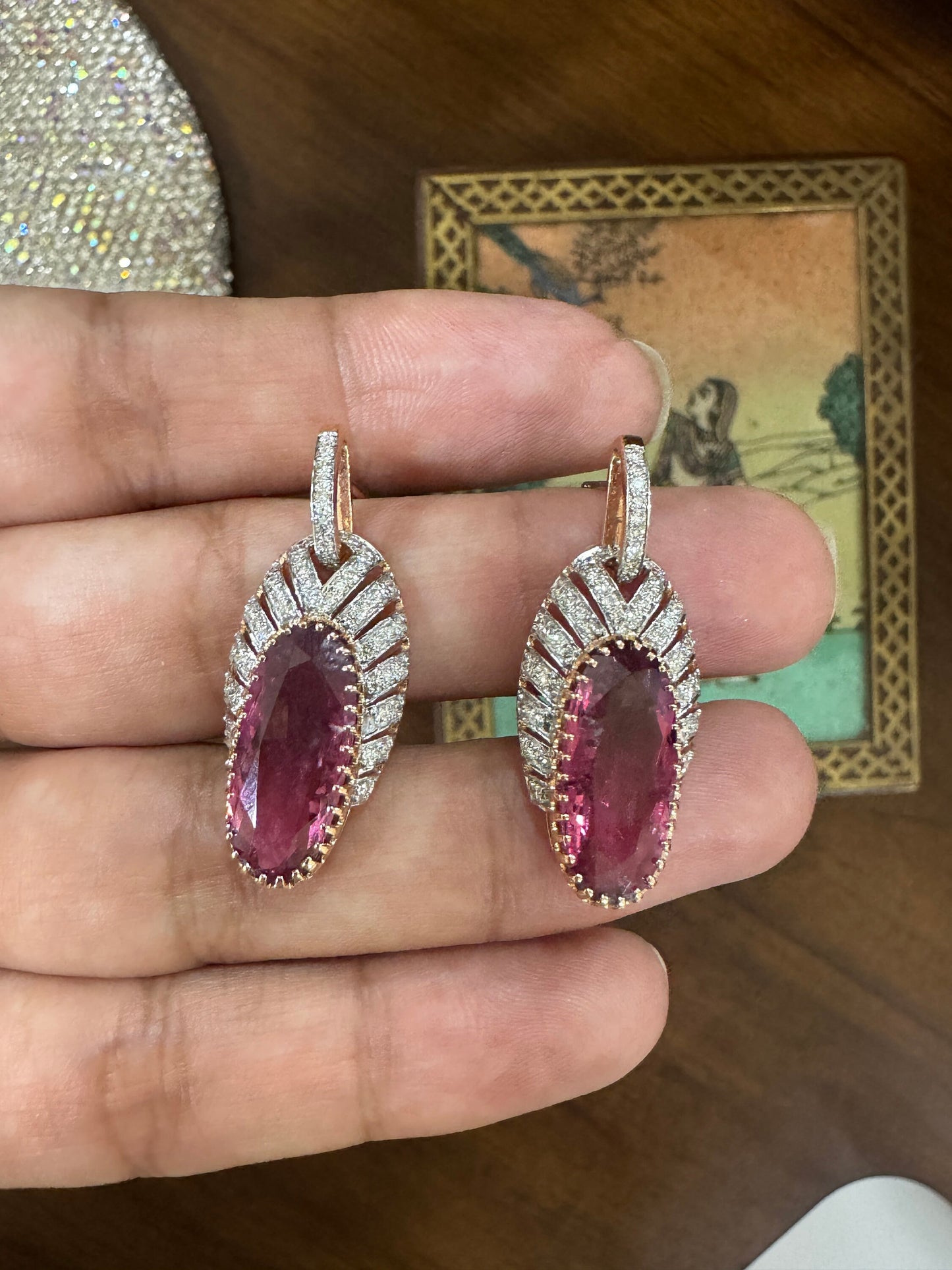 Oval Cut Faceted Tourmaline Gemstone Earrings 18k Solid Rose Gold Jewelry / Pink Gemstone Earrings Real Diamond Jewelry / 32 MM