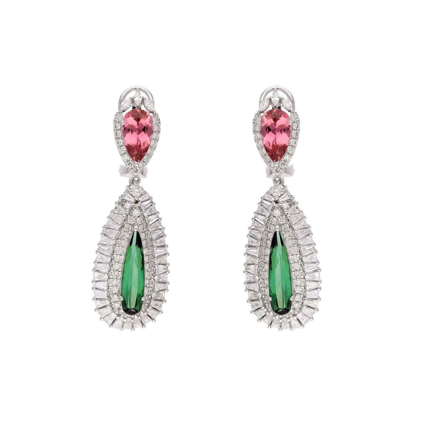 Tourmaline Diamond Statement Earrings 18k Gold Jewelry / Pink Green Gemstone Earrings Bride / Wedding Anniversary Gift Solid Gold Jewelry
