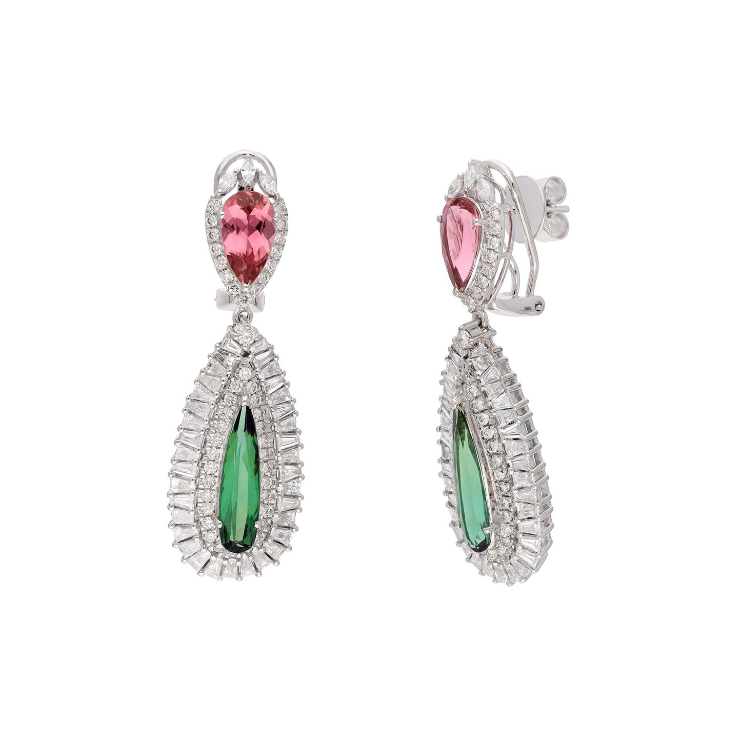 Tourmaline Diamond Statement Earrings 18k Gold Jewelry / Pink Green Gemstone Earrings Bride / Wedding Anniversary Gift Solid Gold Jewelry