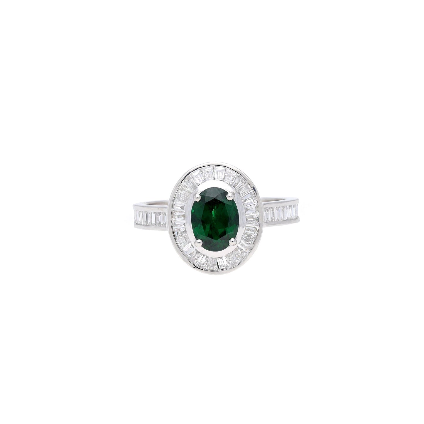 Tsavorite Gold Ring Size 7US / 18k Gold Diamond Halo Ring / Real Diamond Baguette Engagement Ring / White Gold Jewelry For Woman