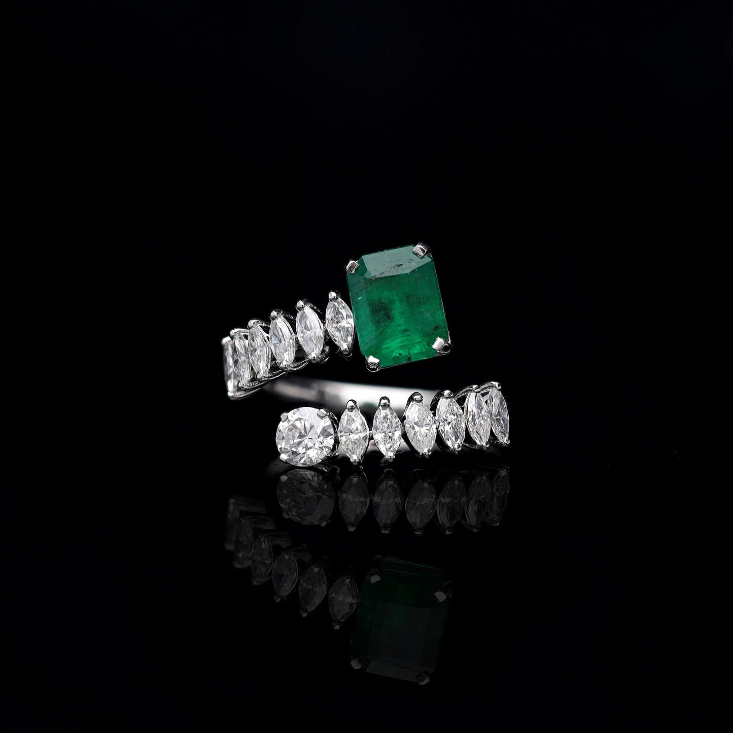Exclusive Emerald Diamond Bypass Ring / Marquise Diamond Designer Jewelry / 18k White Gold Ring / Real Emerald Jewelry For Women
